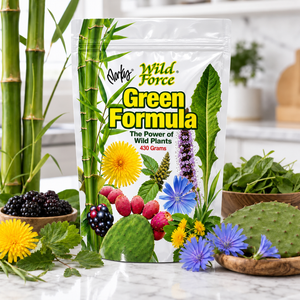 Wild Force Green Formula pouch in a bright kitchen with bamboo, dandelion, chicory, blackberries and nopal