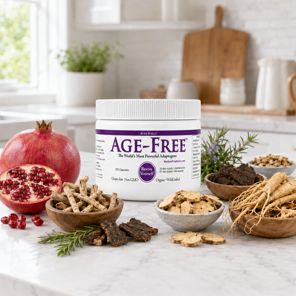 Age-Free jar on a marble kitchen counter with pomegranate, ginseng, ashwagandha and rosemary