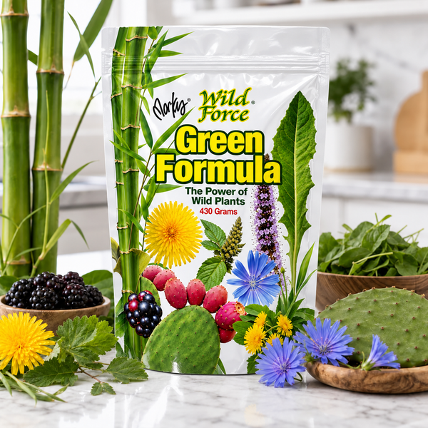 Wild Force Green Formula pouch in a bright kitchen with bamboo, dandelion, chicory, blackberries and nopal