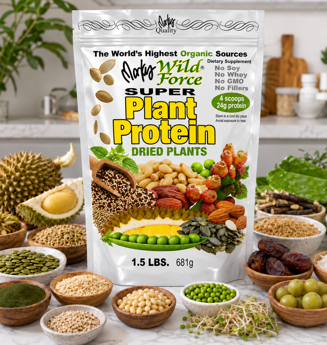 Super Plant Protein 1.5 lb pouch on a kitchen counter with its plant ingredients