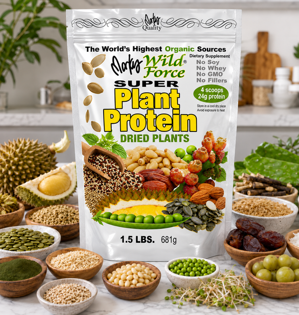 Super Plant Protein 1.5 lb pouch on a kitchen counter with its plant ingredients