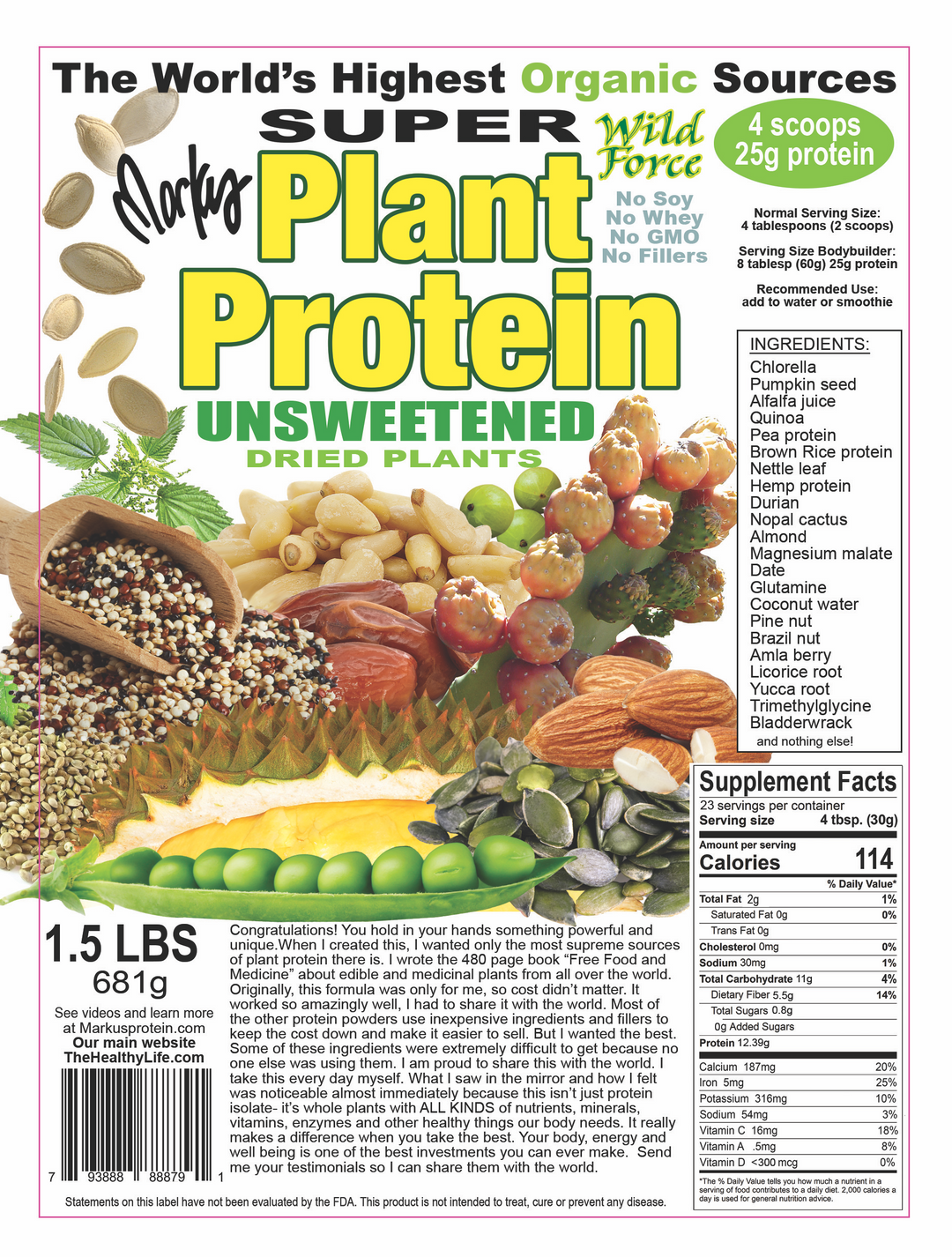 Super Plant Protein Unsweetened, label front with ingredients and supplement facts