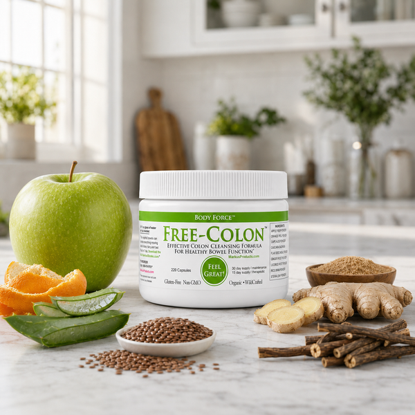 Free-Colon jar on a marble kitchen counter with green apple, orange peel, aloe, flax, ginger and licorice