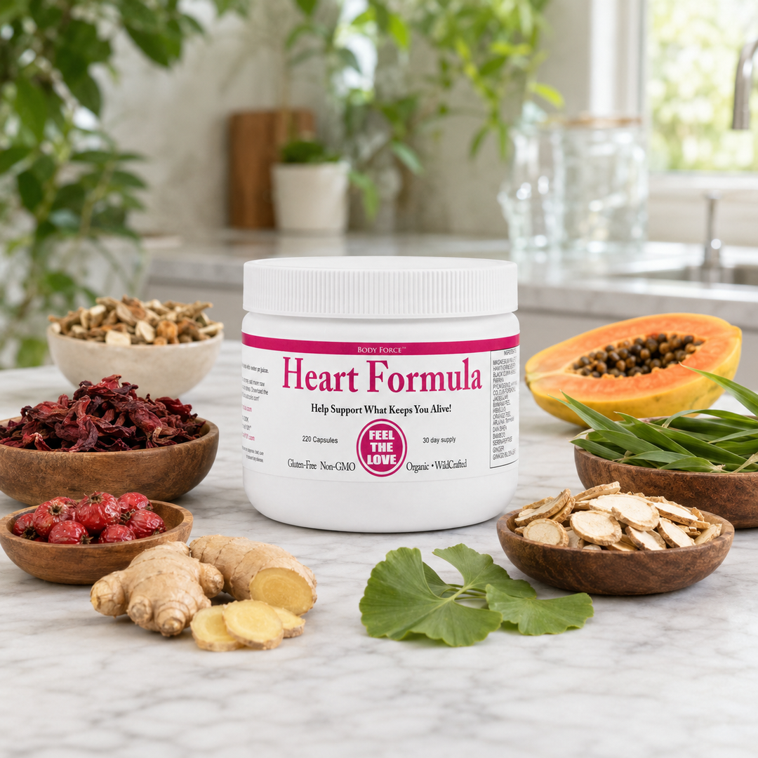 Heart Formula jar on a marble kitchen counter with its label botanicals