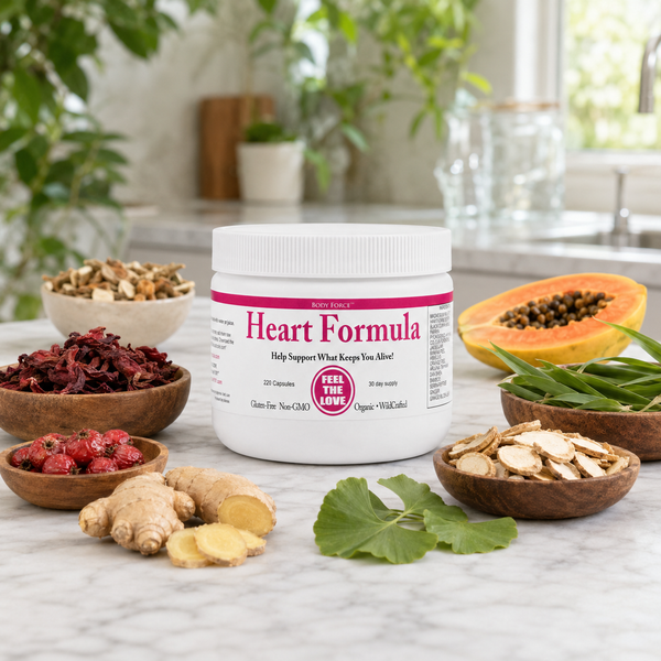 Heart Formula jar on a marble kitchen counter with its label botanicals