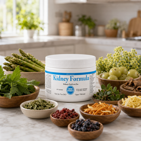Kidney Formula jar on a marble kitchen counter with its label botanicals