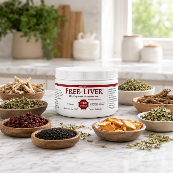 Free-Liver jar on a marble kitchen counter with its label botanicals