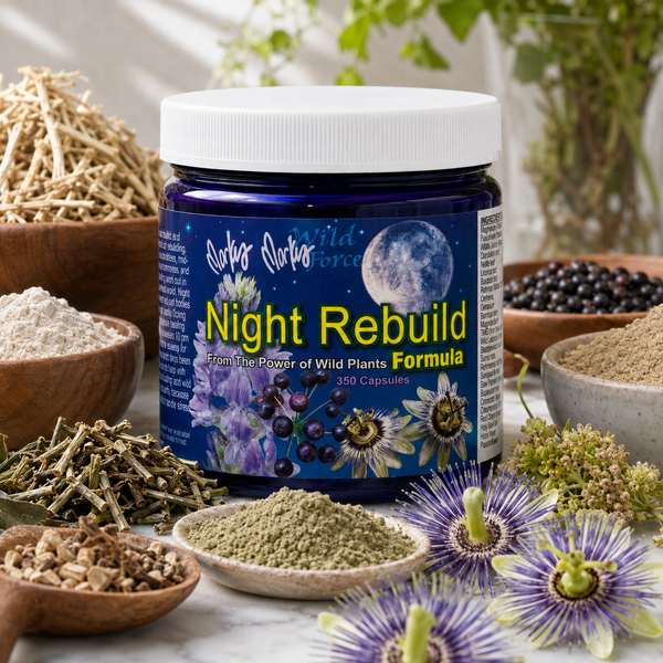 Night Rebuild jar close up on a marble kitchen counter with passion flower and herbs