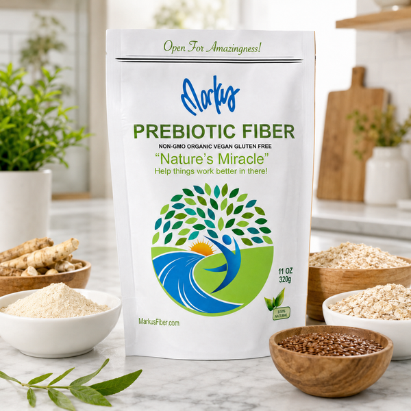 Markus Prebiotic Fiber 11 oz pouch on a marble kitchen counter with its botanical ingredients