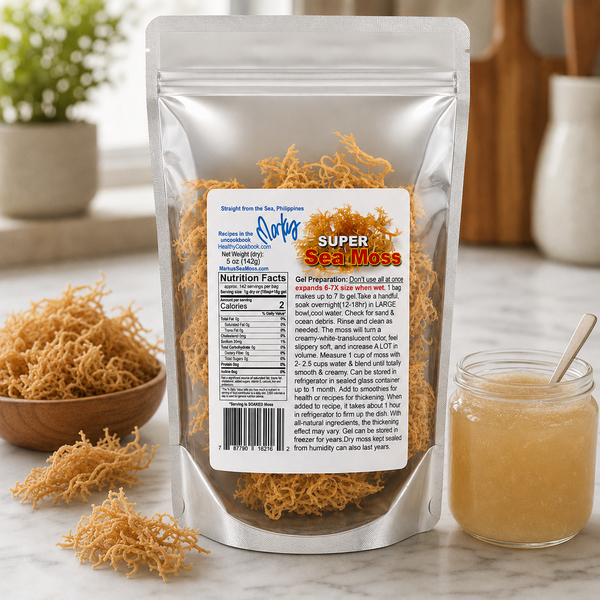 Markus Super Sea Moss bag with dried sea moss and a jar of sea moss gel