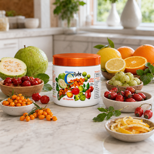 Herbal Super Vitamin C jar on a marble kitchen counter with its label fruit