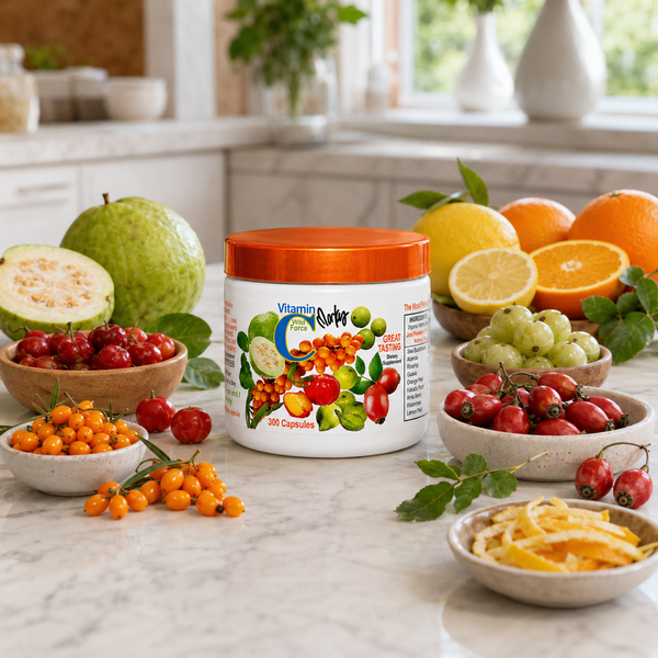 Herbal Super Vitamin C jar on a marble kitchen counter with its label fruit