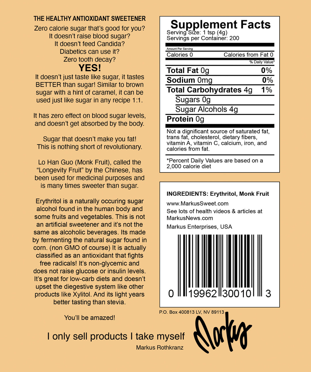 Markus Sweet, back label